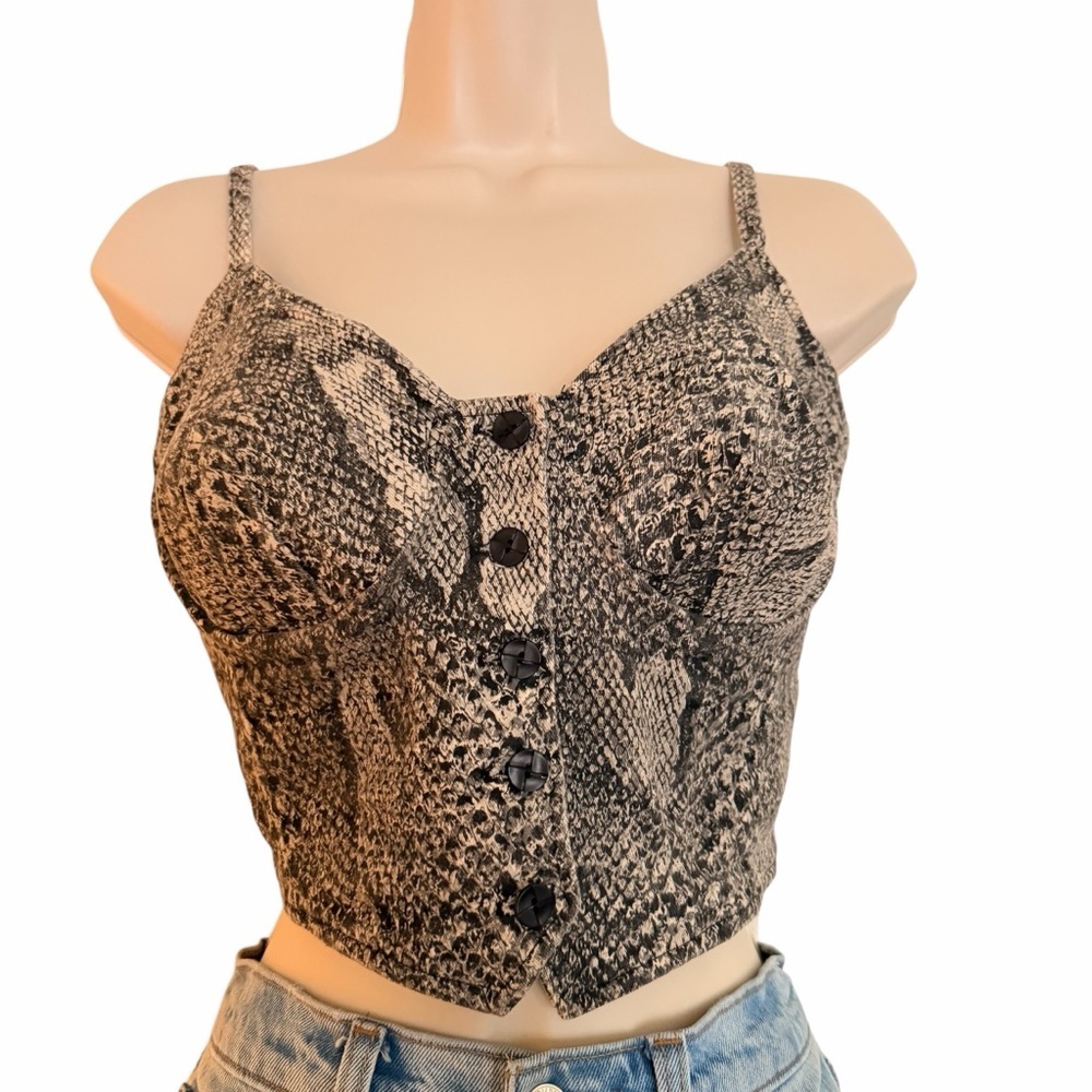 Vintage Women’s Snake Print Cropped Button-Front Crop Top Vest - Black Tan Gray